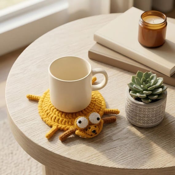 A handmade crochet coaster shaped like a hilariously squashed, flat dog — functional desk accessory that doubles as a conversation starter.