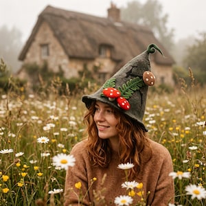 May include: A dark grey felted hat with a pointed, curled top, decorated with three-dimensional red and white spotted mushrooms and green fern leaf appliqués. The hat features a textured surface and a wide, slightly flared brim.