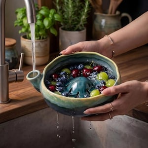 May include: A ceramic berry colander bowl with a blue and green gradient glaze, featuring a central raised dome with drainage holes and a side spout. The bowl is filled with fresh blueberries, red cherries, and green grapes being rinsed.