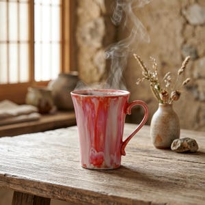 May include: A ceramic mug with a glossy, swirling glaze of vibrant red, pink, and white colours. The mug features a curved handle and contains a hot beverage with visible steam rising from the top, creating a warm and inviting visual effect.