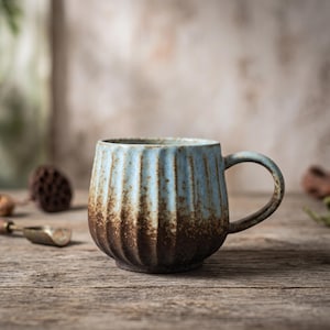 Puede incluir: Una taza de cerámica con textura vertical acanalada, que presenta un esmalte azul claro en la parte superior que transiciona hacia un acabado marrón oscuro y moteado en la base. La taza tiene un cuerpo redondeado y un asa curva.