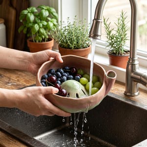 May include: A ceramic berry bowl with a pale green interior and pinkish exterior, featuring a central drainage dome and a side spout. The bowl contains fresh blueberries, cherries, and green grapes being rinsed under a kitchen faucet.
