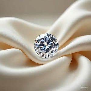 Könnte beinhalten: Ein runder, im Brillantschliff geschliffener, klarer Edelstein mit zahlreichen lichtreflektierenden Facetten, der mittig in den Falten eines glatten, cremefarbenen Stoffes liegt. Der Stein zeigt scharfe geometrische Muster und helle Lichtreflexe.