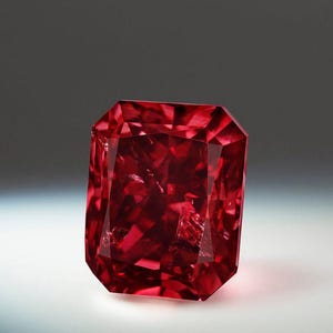 Könnte beinhalten: Ein leuchtend tiefroter Edelstein in rechteckigem Schliff mit zahlreichen Facetten. Der Stein weist eine intensive Sättigung und Klarheit auf, wobei das Licht von seinen geometrischen Oberflächen reflektiert wird und ein brillantes Aussehen erzeugt.