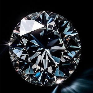 Könnte beinhalten: Ein runder Diamant im Brillantschliff mit zahlreichen dreieckigen und rautenförmigen Facetten, die scharfe Lichtreflexionen erzeugen. Der Edelstein zeigt ein klares, farbloses Erscheinungsbild mit hohem Kontrast zwischen hellen weißen Glanzlichtern.