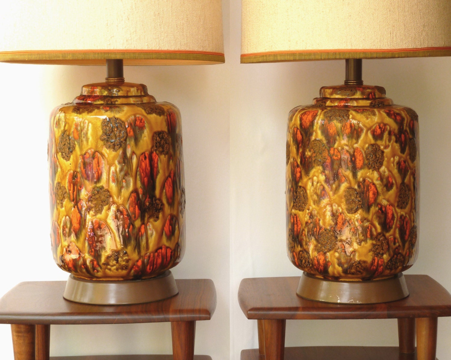 Vintage Lamp Pair // Mid Century Orange Brown Lava Drip | Etsy