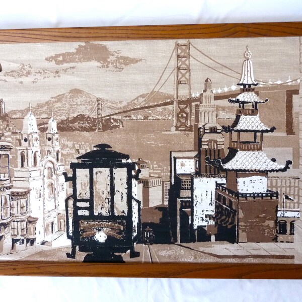 Mid Century Modern Art -- Large 38 x 26 Linen Screen Print -- San Francisco Scene --  Free Shipping