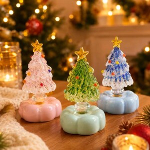 Hand-Blown Glass Christmas Tree Figurine, Ceramic Base Holiday Decor