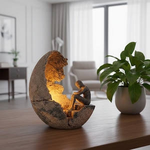 May include: A crescent-shaped stone-textured lamp featuring a small human figure sitting inside the hollowed-out centre. The interior of the structure emits a warm, soft golden light, highlighting the rough, weathered surface of the sculpture.
