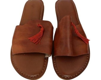 Handmade Moroccan Leather Sandals for Men, Brown Leather Slides with Red Tassel, Traditional Moroccan Shoes