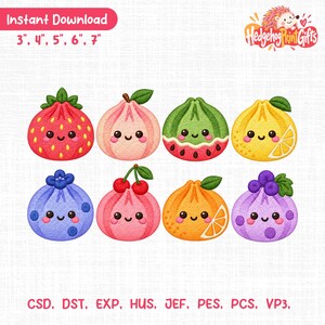 May include: A digital embroidery design set featuring eight round, smiling fruit characters including strawberry, peach, watermelon, lemon, blueberry, cherry, orange, and grape. Text includes Instant Download, 3, 4, 5, 6, 7 inches, HedgehogPrintGifts, and file formats CSD, DST, EXP, HUS, JEF, PES, PCS, VP3.