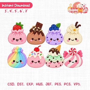 May include: Eight embroidered patches featuring cute, smiling dessert characters including strawberry, chocolate, blueberry, vanilla, rainbow, sundae, mint chip, and peppermint candy designs. The text reads HedgehogPrintGifts.