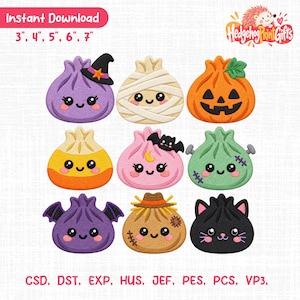 May include: Nine embroidered dumpling characters with Halloween themes including a witch, mummy, pumpkin, candy corn, bat, Frankenstein, vampire, scarecrow, and black cat. Text includes Instant Download 3, 4, 5, 6, 7 and CSD, DST, EXP, HUS, JEF, PES, PCS, VP3.