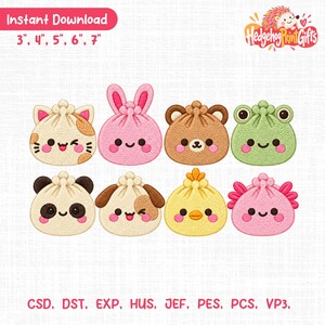 May include: A digital embroidery design set featuring eight cute animal-themed dumplings in various colors including pink, green, yellow, and brown. The text reads Instant Download, 3, 4, 5, 6, 7, HedgehogPrintGifts, and CSD, DST, EXP, HUS, JEF, PES, PCS, VP3.