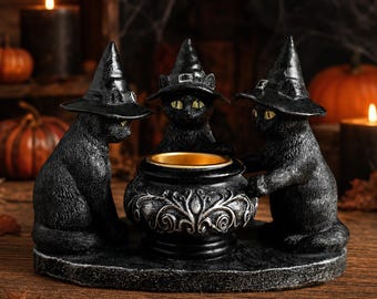 Witch Cat Resin Candle Holder, Halloween Gothic Black Cat Decor