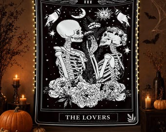 Gothic Skeleton Lovers Tarot Tapestry, Black White Witchy Wall Hanging