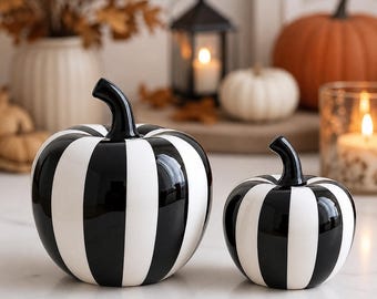 Striped Ceramic Apple Statue, Black White Fruit Sculpture, Modern Minimalist Decor