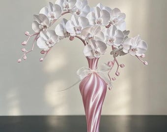 White Orchid Arrangement, Pink Spiral Vase, Elegant Table Centerpiece