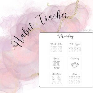 Könnte beinhalten: Ein weißes, rechteckiges Gewohnheits-Tracker-Blatt mit dem Text Habit Tracker oben. Das Blatt enthält sechs Abschnitte mit den Bezeichnungen Monday, Drink Water, Eat Veggies, Chores, Watering, Stretching und Steps sowie Strichzeichnungen.