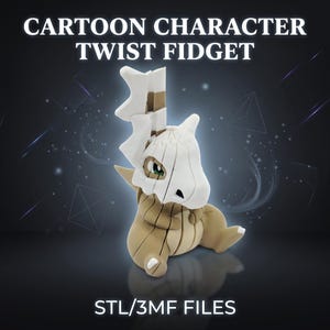 May include: A tan and white articulated fidget toy shaped like a cartoon creature wearing a skull mask. The figure features segmented body parts for twisting movement. Text at the top reads CARTOON CHARACTER TWIST FIDGET and at the bottom STL/3MF FILES.