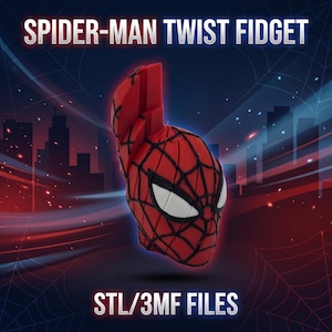 May include: A red and black Spider-Man twist fidget toy featuring a web pattern and white eyes. The text SPIDER-MAN TWIST FIDGET and STL/3MF FILES is printed on the image. The object has a segmented design for twisting and movement.