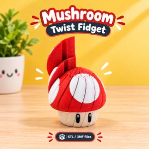 Op de afbeelding: Een rood en wit paddenstoelvormig twist fidget speeltje met een gesegmenteerde hoed en een beige steel met zwarte ovale ogen. De tekst Mushroom Twist Fidget staat boven het object en STL / 3MF files staat onderaan.
