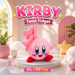 Puede incluir: Un juguete fidget Kirby rosa con cuerpo esférico de líneas segmentadas, pies rojos y parte superior en forma de corazón. El texto KIRBY Twist Fidget y STL / 3MF FILE aparece en la imagen, mostrando un personaje con ojos negros y azules.