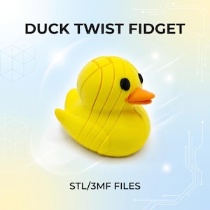 May include: A yellow duck twist fidget toy with black eyes and an orange beak. The text DUCK TWIST FIDGET and STL/3MF FILES is printed on the image. The duck has a segmented body design that allows for twisting and movement of its individual parts.