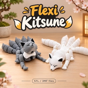 May include: Two articulated fox figurines, one grey and one white, each featuring multiple tails. The text Flexi Kitsune is displayed above, and the text STL / 3MF files is positioned below. The foxes have detailed facial features and segmented bodies.