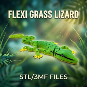 Pode incluir: Uma figura de lagarto articulado verde com pontas dos dedos amarelas e marcas oculares pretas. O texto FLEXI GRASS LIZARD e STL/3MF FILES é exibido em letras brancas acima e abaixo do lagarto, que apresenta um design de corpo segmentado.