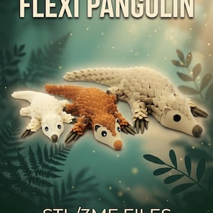 May include: Three articulated pangolin figures in white, orange, and tan, each featuring layered scale textures, dark eyes, and pointed snouts. The text FLEXI PANGOLIN and STL/3MF FILES is displayed in white lettering at the top and bottom of the image.