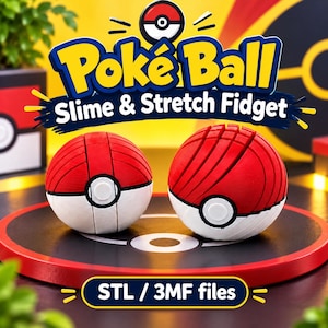 Könnte beinhalten: Zwei kugelförmige Fidget-Spielzeuge im Design von rot-weißen Poké-Bällen mit einem zentralen Knopfdetail. Der Text darüber lautet Poké Ball Slime & Stretch Fidget, und der Text darunter lautet STL / 3MF files, was auf digitale 3D-Druckdateien hinweist.