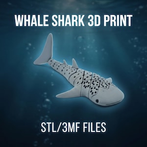 May include: A grey articulated whale shark 3D print with a spotted pattern on its back. The text WHALE SHARK 3D PRINT and STL/3MF FILES is displayed in white against a dark blue underwater background with light rays and bubbles.