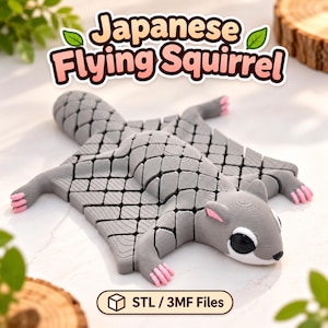 May include: A gray articulated Japanese Flying Squirrel figure with a textured diamond-patterned body, large black eyes, and pink-tipped paws. The text "Japanese Flying Squirrel" and "STL / 3MF Files" is displayed above and below the object.