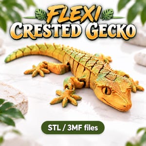 May include: A 3D printed articulated flexi crested gecko figurine with a yellow and green gradient finish. The text FLEXI CRESTED GECKO appears at the top, and the text STL / 3MF files is displayed in a dark green rounded rectangular badge.