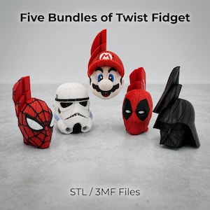 Puede incluir: Cinco paquetes de juguetes fidget giratorios con cabezas de personajes: una máscara roja y negra, un casco de stormtrooper blanco, una gorra de Mario roja, una máscara de Deadpool roja y un casco de Darth Vader negro. Texto: Five Bundles of Twist Fidget y STL / 3MF Files.