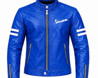 Giacca da motociclista in pelle blu Vespa da uomo