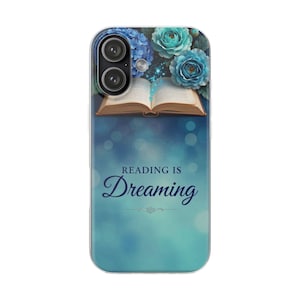 Reading Is Dreaming phone case | floral book design, blue bokeh