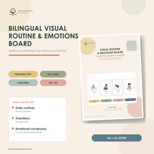 Könnte beinhalten: Ein zweisprachiges, visuelles Routine- und Emotionsboard als druckbares PDF-Set mit 60 Karten und 3 Boards in Englisch und Spanisch. Es bietet visuelle Unterstützung für tägliche Abläufe, Übergänge und emotionalen Wortschatz im A4- und US-Letter-Format.
