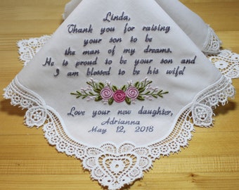 Embroidery Wedding Handkerchief with Claddagh Cluny Lace to Mother of Bride Monogrammed Personalized Custom 18325-1