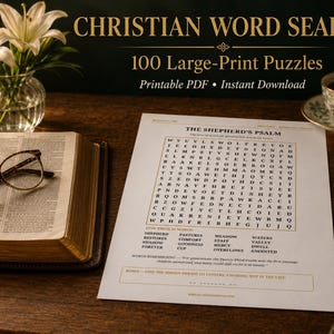 Bible Word Search Printable Large Print · 100 Inspirational Puzzles PDF · Hidden Phrases of Faith · Christian Gift Adults Seniors · PDF