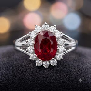 Puede incluir: Un anillo de tono plateado con una gran piedra preciosa de color rojo intenso y corte ovalado en el centro. La piedra central está rodeada por un halo de doce piedras pequeñas, redondas y blancas. El aro es de metal pulido con diseño dividido.