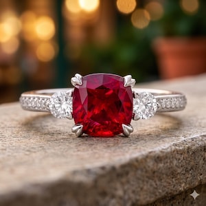 May include: A silver-toned ring featuring a large, cushion-cut red gemstone at the center, flanked by two round, clear stones. The band is accented with small, clear pavé stones along the sides, set in a polished metal frame.