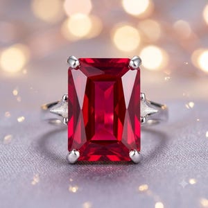 Puede incluir: Un anillo de plata con una gran piedra preciosa de color rojo vibrante, de corte esmeralda rectangular y sujeta por cuatro garras. La banda tiene un acabado metálico pulido e incluye pequeños detalles decorativos puntiagudos a los lados.