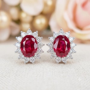 5.00 Ct Oval Cut Natural Ruby and Diamond 14K White Gold Earrings For Women | IGL Certified