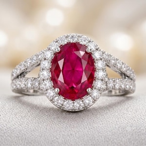 Puede incluir: Un anillo de tono plateado con una gran piedra preciosa de color rojo intenso y corte ovalado en el centro. La piedra central está rodeada por un halo de pequeñas piedras blancas redondas y claras. La banda se divide en dos filas con piedras.