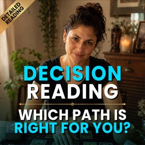Könnte beinhalten: Eine Person mit dunklem, hochgestecktem Haar sitzt an einem Tisch mit Tarotkarten. Der Text lautet: DETAILED READING, DECISION READING, WHICH PATH IS RIGHT FOR YOU? Die Person trägt ein schwarzes Oberteil und eine dünne Halskette.