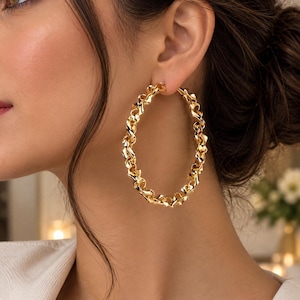 Gold Woven Metal Statement Earrings for Women, Exaggerated Round Fashion Jewelry