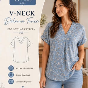Puede incluir: Un patrón de costura en PDF para una túnica dolman con cuello en V y estampado floral azul. El gráfico muestra el texto XS-5XL SIZES, V-NECK Dolman Tunic, PDF SEWING PATTERN, A0 | A4 | US LETTER, Digital Download y Confident Beginner.