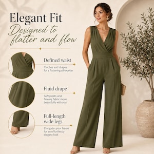 Może przedstawiać: Oliwkowy kombinezon bez rękawów z dekoltem w serek, zaznaczoną talią i szerokimi nogawkami. Obraz zawiera tekst: Elegant Fit, Designed to flatter and flow, Defined waist, Fluid drape, Full-length wide legs.